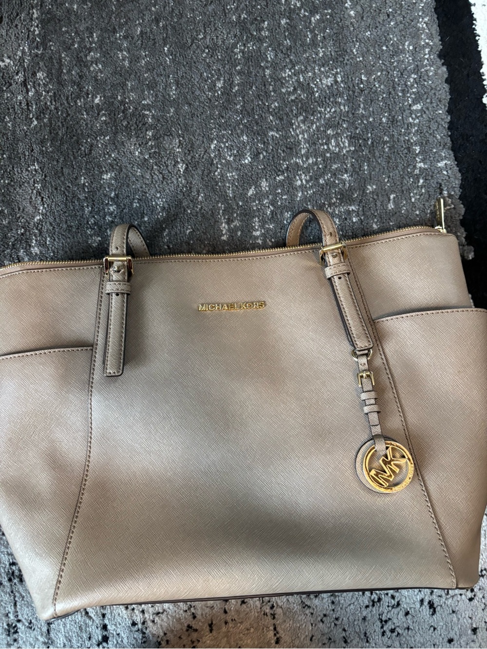 Michael Kors Taupe Saffiano Leather Tote with Gold Accent Charm